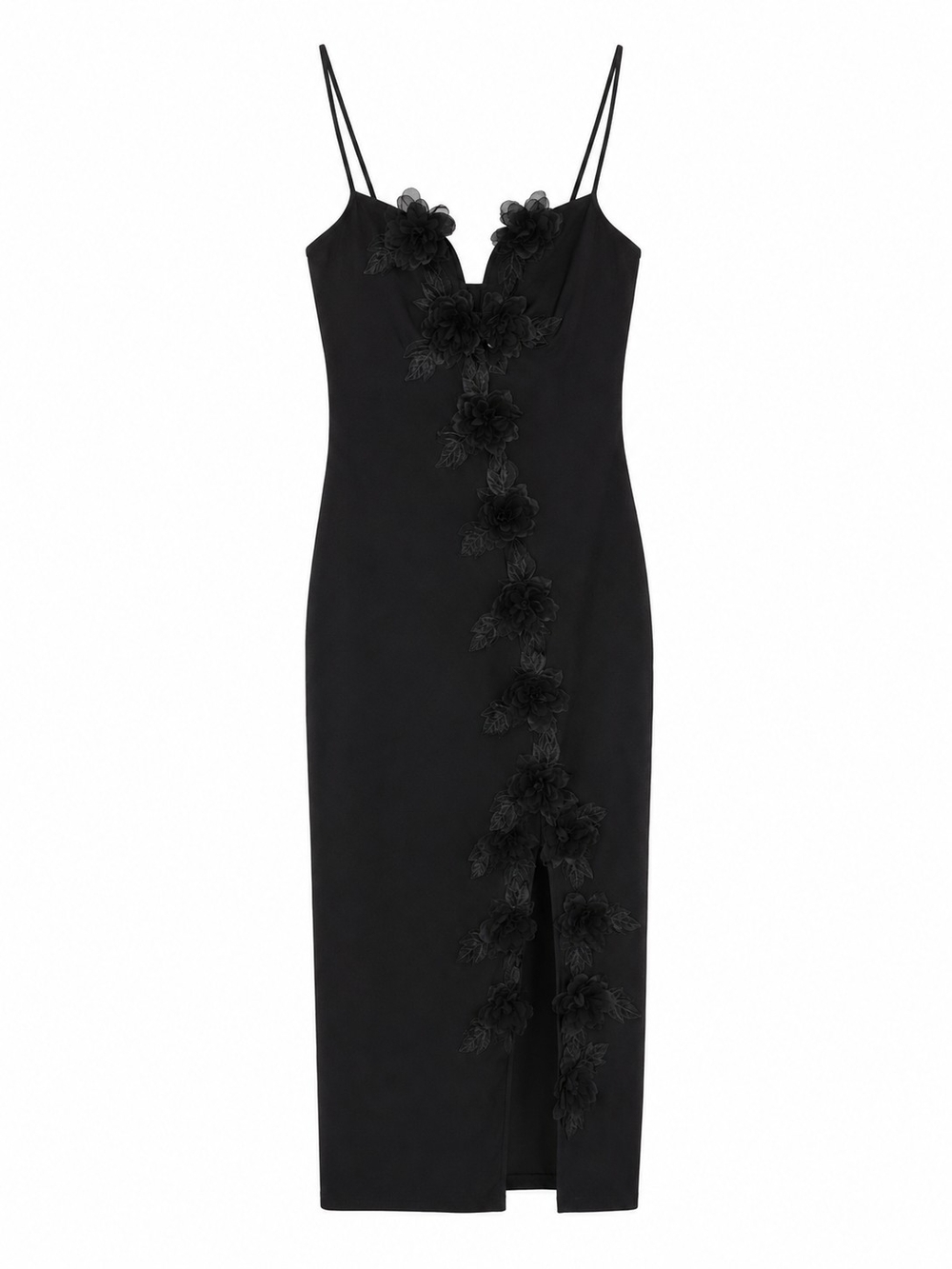 Lulu's Black Floral Appliqué Slip Midi Dress